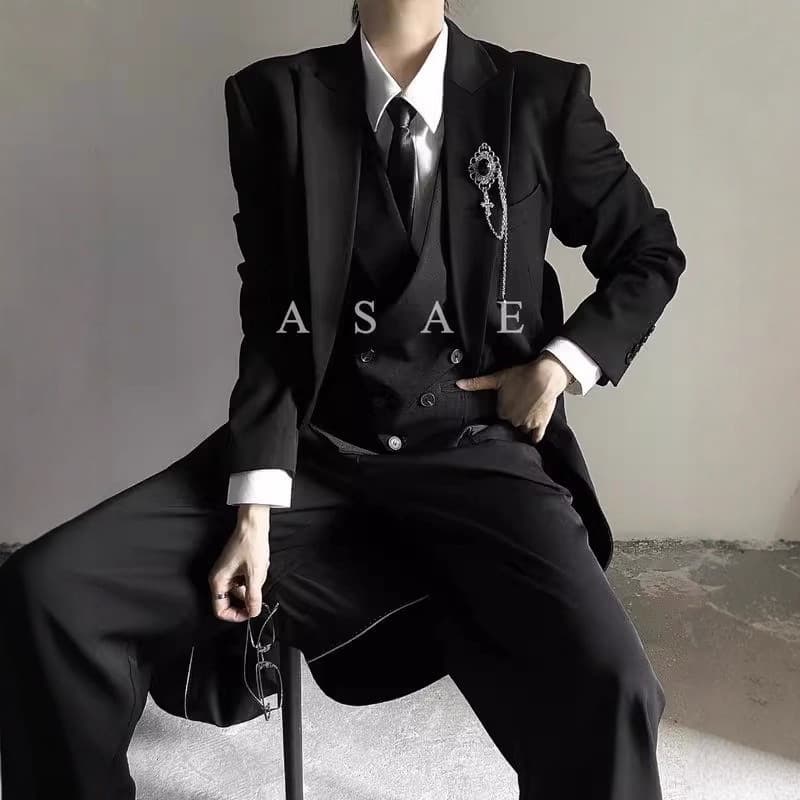 Korean style unisex style high-end black shoulder coat windbreaker casual single suit Yamamoto style long suit jacket