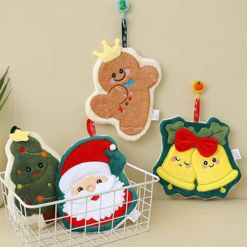 Cross-border coral fleece Christmas absorbent and quick-drying hand towels for kitchen and bathroom, small hanging towels, factory wholesale.