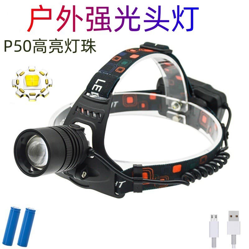 P50 LED Aluminum Alloy Zoomable Headlamp Outdoor USB Rechargeable Searchlight Headband Flashlight