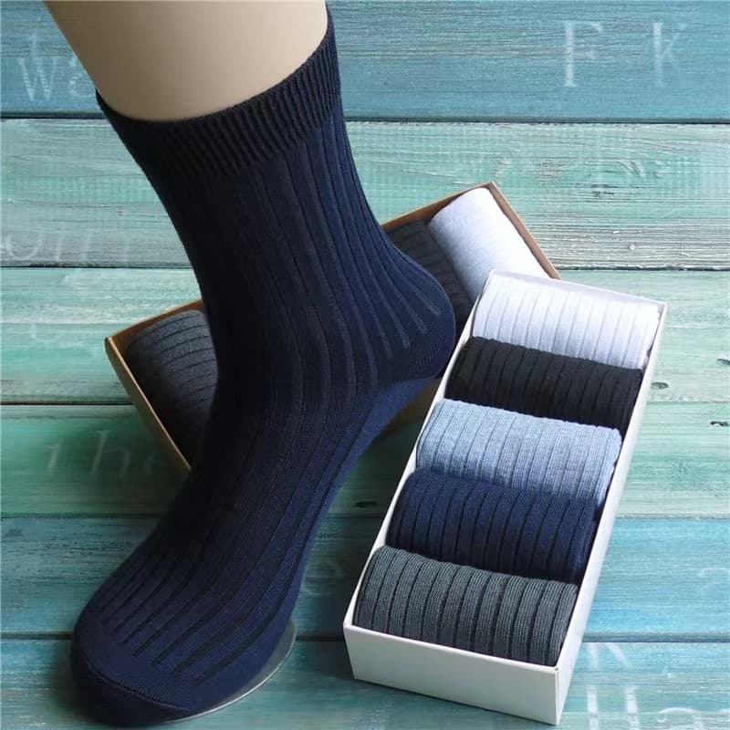 Gift box packaging men's autumn and winter thick cotton men's socks solid color striped mid-calf double needle business high-calf socks