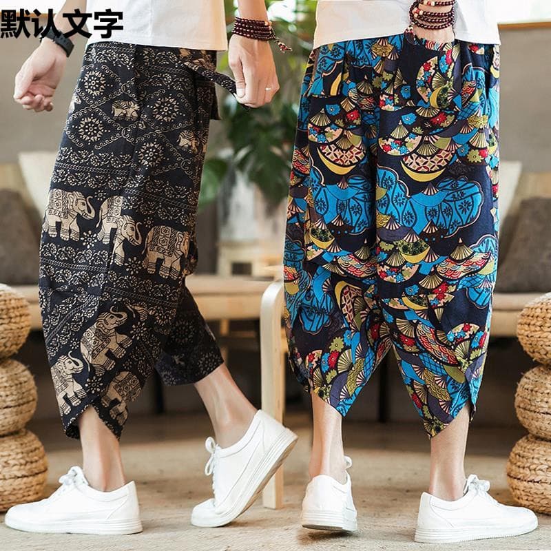 Thai Elephant Pants Men's Chinese Style Plus Size Capri Pants Trendy Thai Beach Pants Myanmar Dai Ethnic Radish Pants