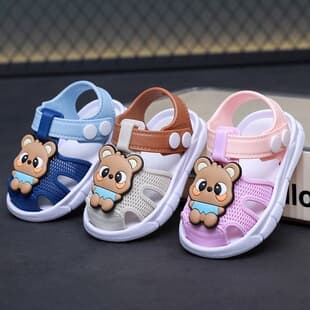 Kids Cartoon Bear Sandals Boys Summer Soft Sole Non-Slip Walking Shoes Baby Beach Shoes Hook & Loop Clog Sandals