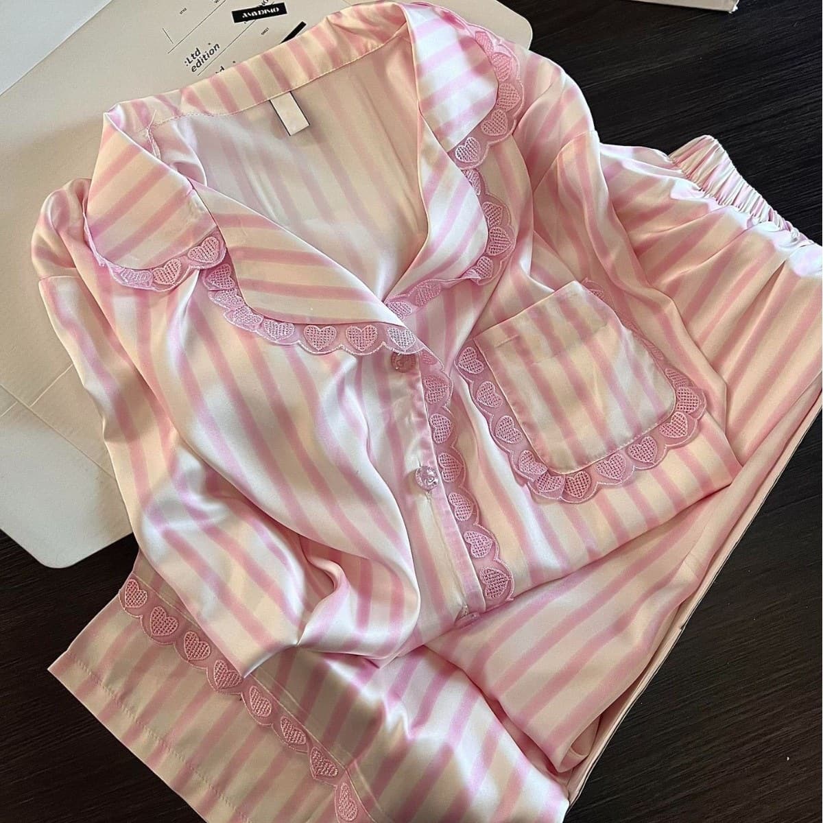 Women's Spring and Autumn Korean Lace Trim Two-Piece Long Sleeve Homewear Set, Striped Pink Thick Fabric