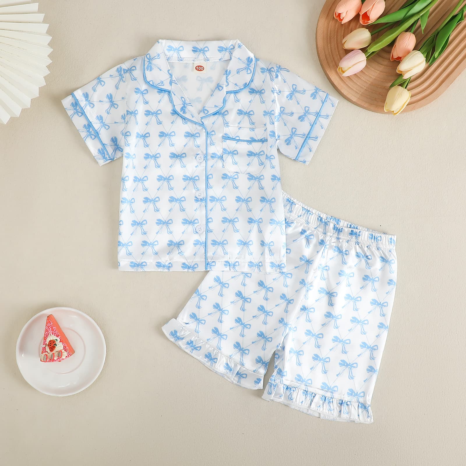 Children's Pajamas Set Summer Bow Print Girls Home Clothes Two Piece Set Children's Clothes Short Sleeve Lapel T-Shirt