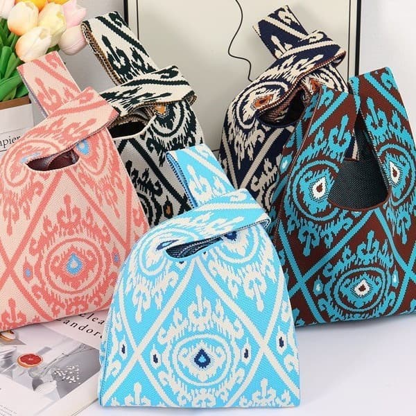 Xinjiang Ethnic Style Knitted Handbag with Adras Pattern, Ethnic Handbag, Cross-Border Tote Bag