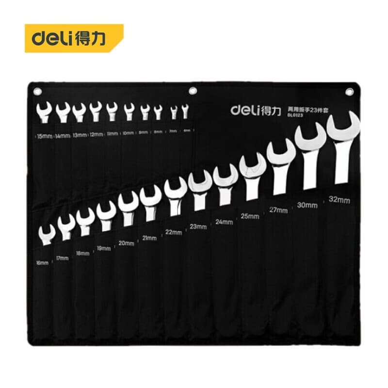 Deli Tool Mirror Surface Dual-Use Wrench Set, Combination and Open-End Wrench Set, Chrome Vanadium Steel Cloth Bag Set