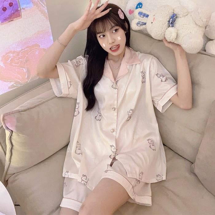 White Rabbit Ice Silk Pajamas Women's Summer Short Sleeve Hot Selling in Southeast Asia Pajamas Export Cross-border Homewear Set