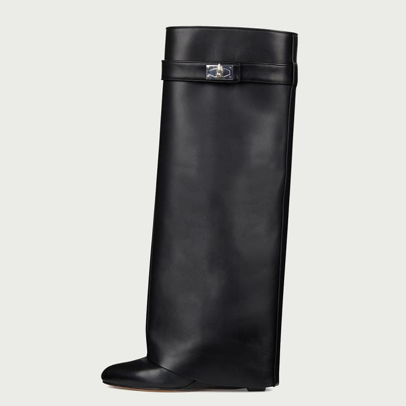 2025 New Export Style Round Toe Wide Calf Straight Cylinder Pointed Buckle Shark Buckle Mid-Calf Boots with Block Heel Trousers Boots for Women