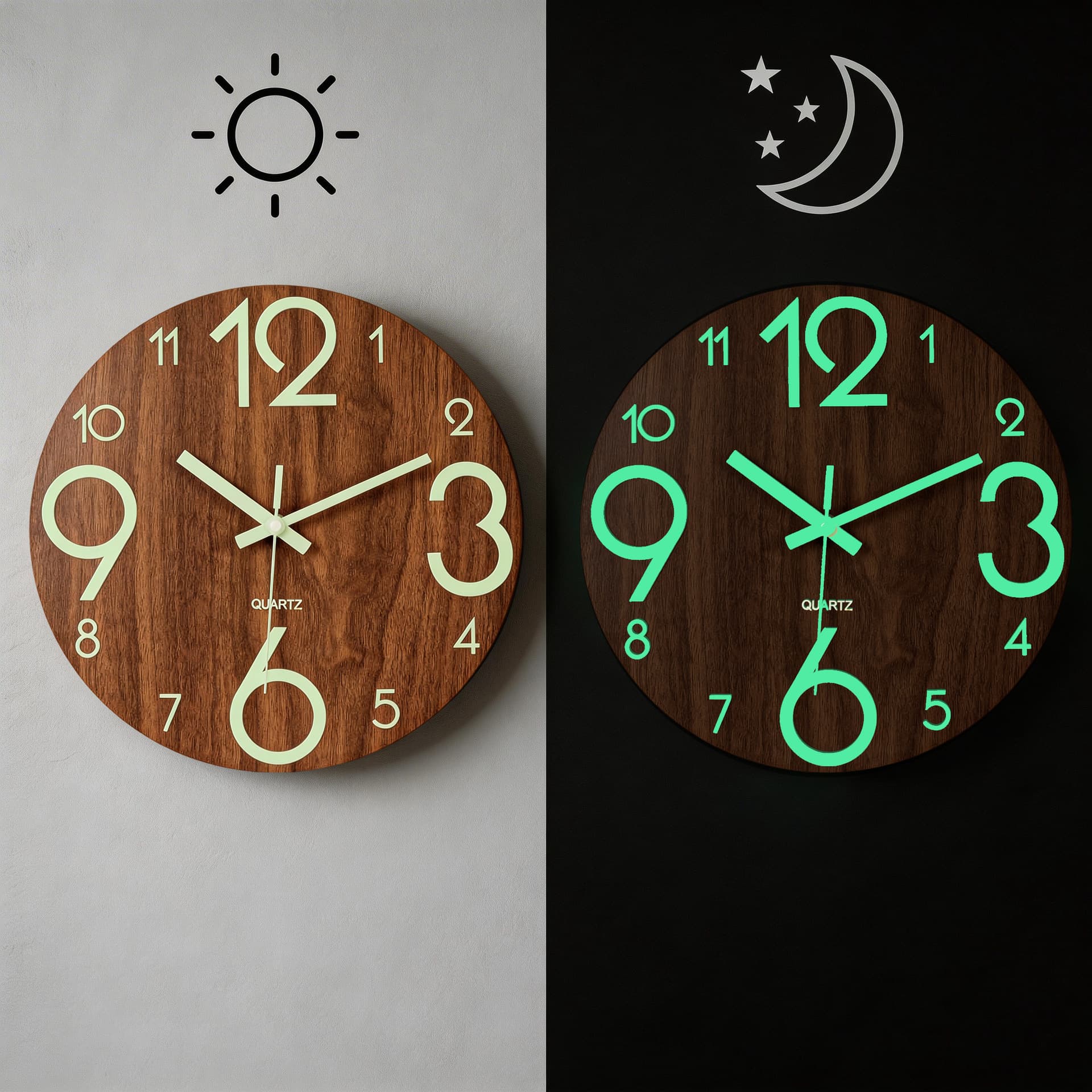 12 Inch Luminous Wood Grain Wall Clock, Wooden Silent Clock, Cross-Border Amazon Best-Selling Luminous Fluorescent Wall Clock