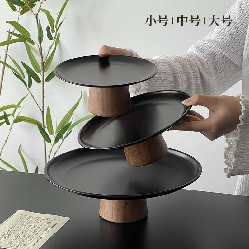 Black High-Leg Tea Snack Tray Coffee Table Snack Display Tray Premium Stainless Steel Fruit Plate Candy Dessert Plate