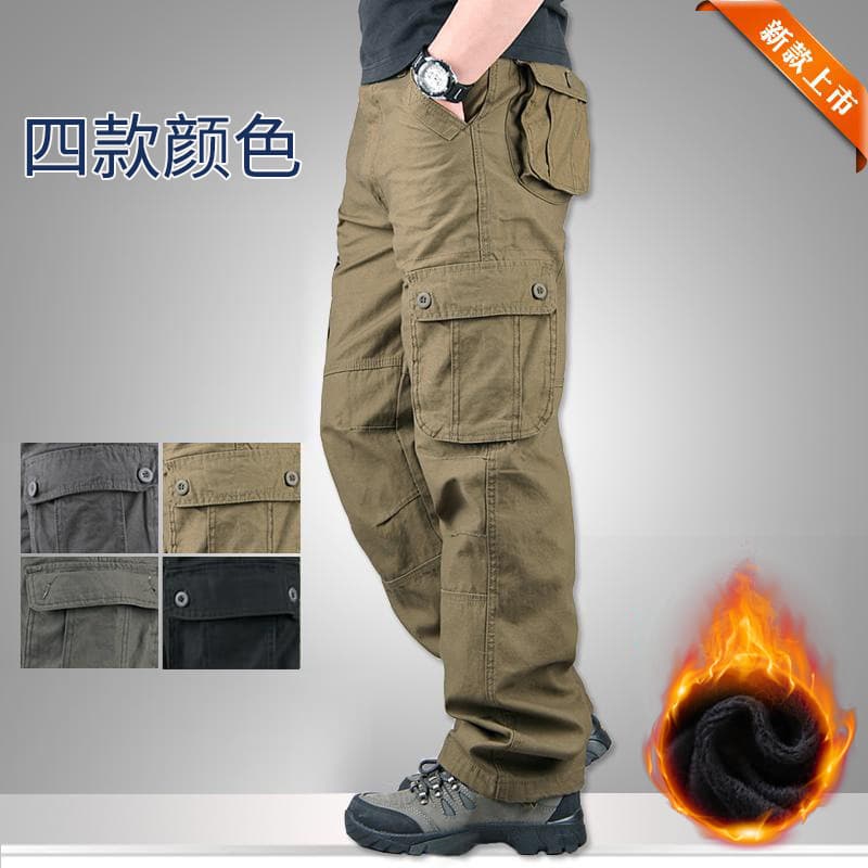 Pure Cotton Multi-Pocket Men's Sport Pants Casual Straight Leg Plus Size Loose Work Pants Outerwear Fleece-Lined Thickened Long Pants