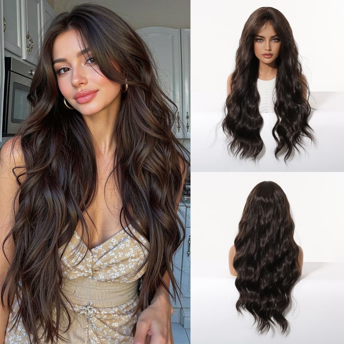 European and American Wig Middle Part Long Curly Hair Fluffy Brown Natural Fashion Style Long Bangs Big Waves High Temperature Fiber In Stock