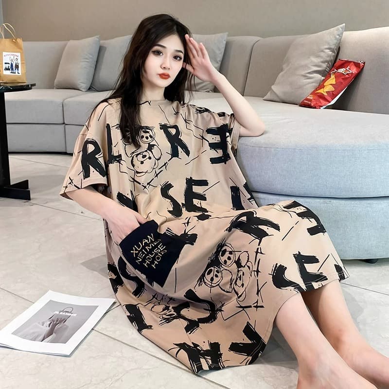 Women's Cartoon Comfortable Short Sleeve Korean Style Loose Plus Size Pajama Dress for Pregnant Women, Wearable Outdoors, Student Summer Dress
