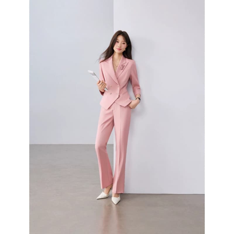 Red Double-Breasted Three-Quarter Sleeve Small Suit Collar Jacket Women's Pants Cross-Border Trade Wholesale Spring Summer Autumn Business Attire
