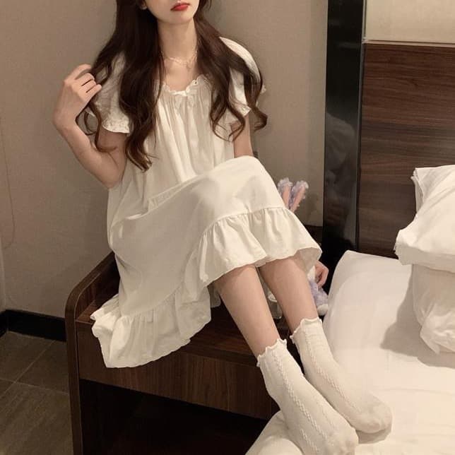 Women's Short Sleeve Nightgown Summer Sleep Dress New Korean Princess Style Loose Cute One-Shoulder Pajamas for Home Wear Live Streaming
