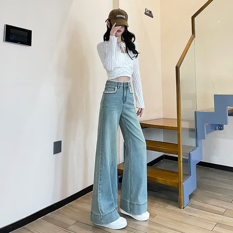 2025 Summer New High-Waist Slimming Loose Versatile Lace-Trimmed Straight-Leg Light Blue Wide-Leg Jeans for Women