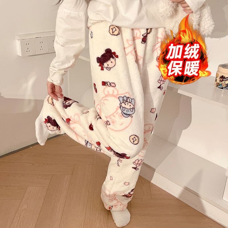 Cartoon women's pajamas, autumn and winter, flannel, coral fleece, Nezha style, casual home wear, long pants, can be worn outside for strolling.