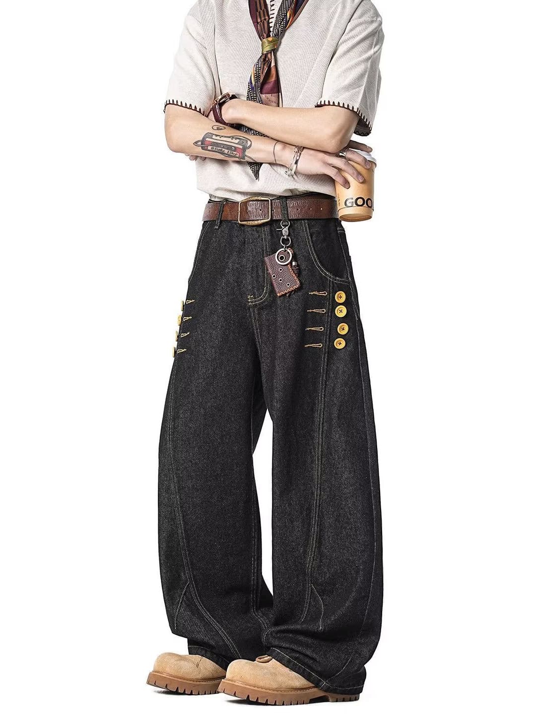 American Casual Design Button-Front Jeans Loose Straight-Leg Wide-Leg Raw Denim Pants for Men Summer Curved-Cut Long Trousers
