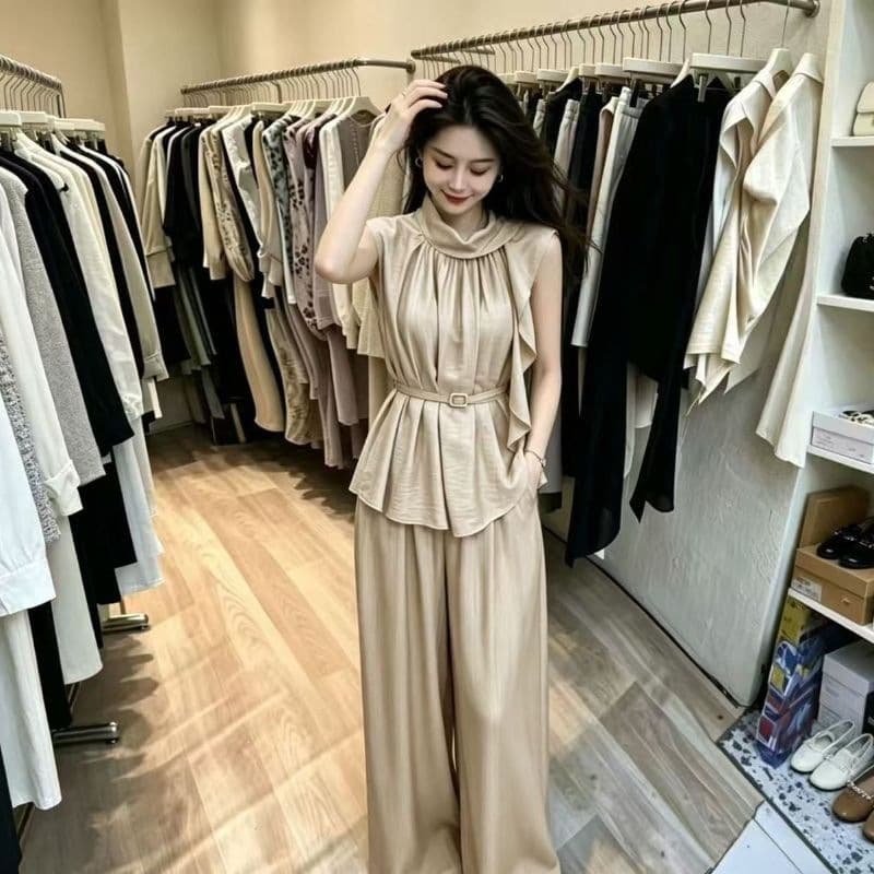 Sleeveless Ruffle Hem Waist Cinching Set Women 2026 Summer Draped Wide Leg Pants Two-Piece Set Office Slimming Commuter Color