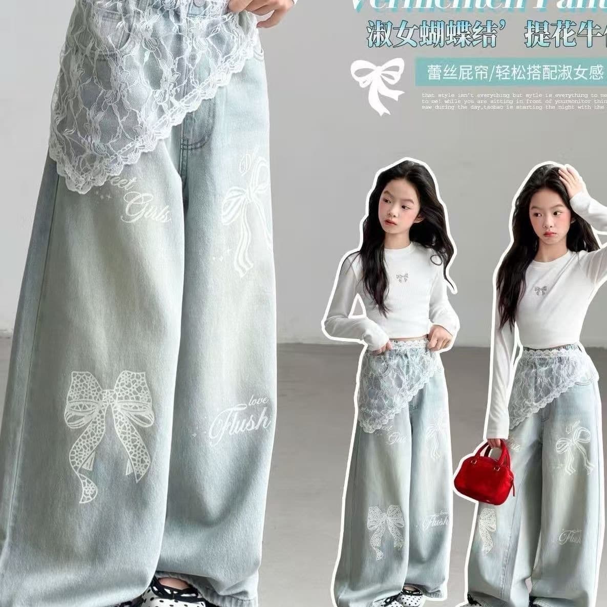 Big Kids Jeans Summer New Sports Pants, Girls Butterfly Knot Lace Ruffle Pants, Versatile Casual Pants