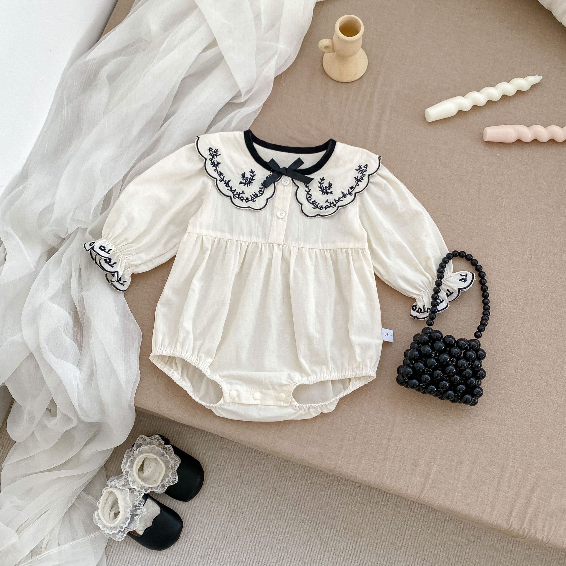 Autumn Newborn 1-3 Years Old Baby Girls' Embroidered Color Block Long Sleeve Cardigan Simple Outing Romper