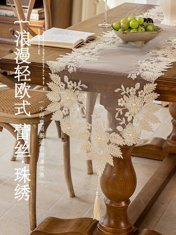 French pastoral style table flag lace embroidery cover towel retro coffee table cover long bed flag coffee table towel 2025 new F^