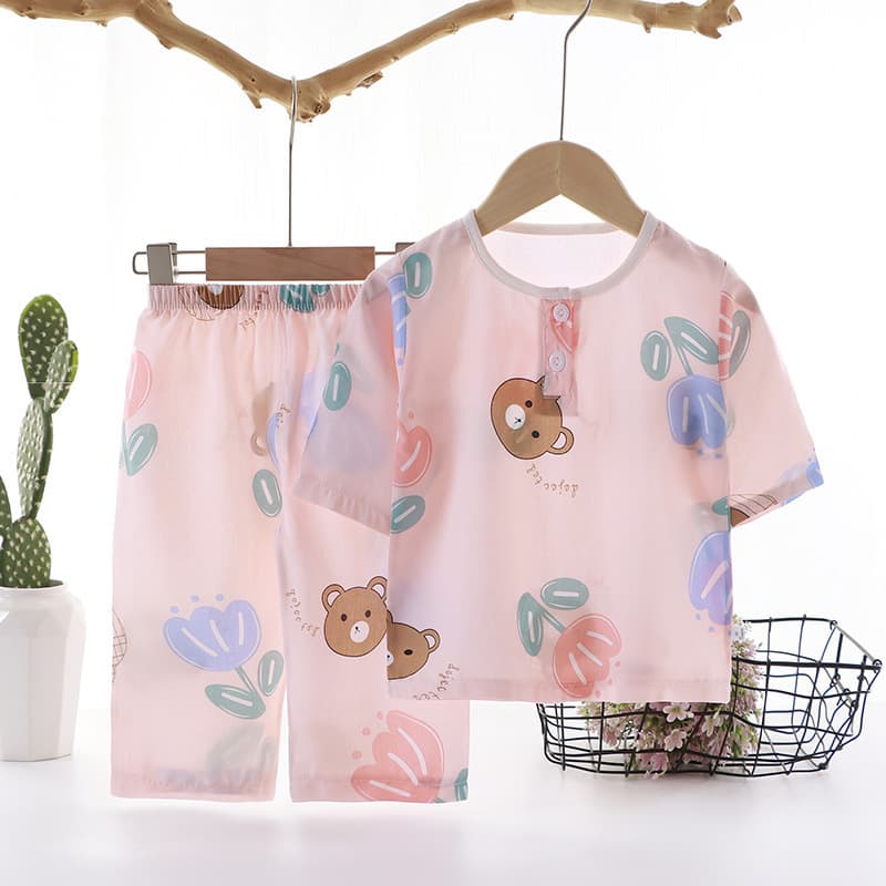 Children's Cotton Silk Pajamas Summer Thin Style Boys Girls Air Conditioner Wear Baby Seven-Sleeve Home Suit Two-Piece Set