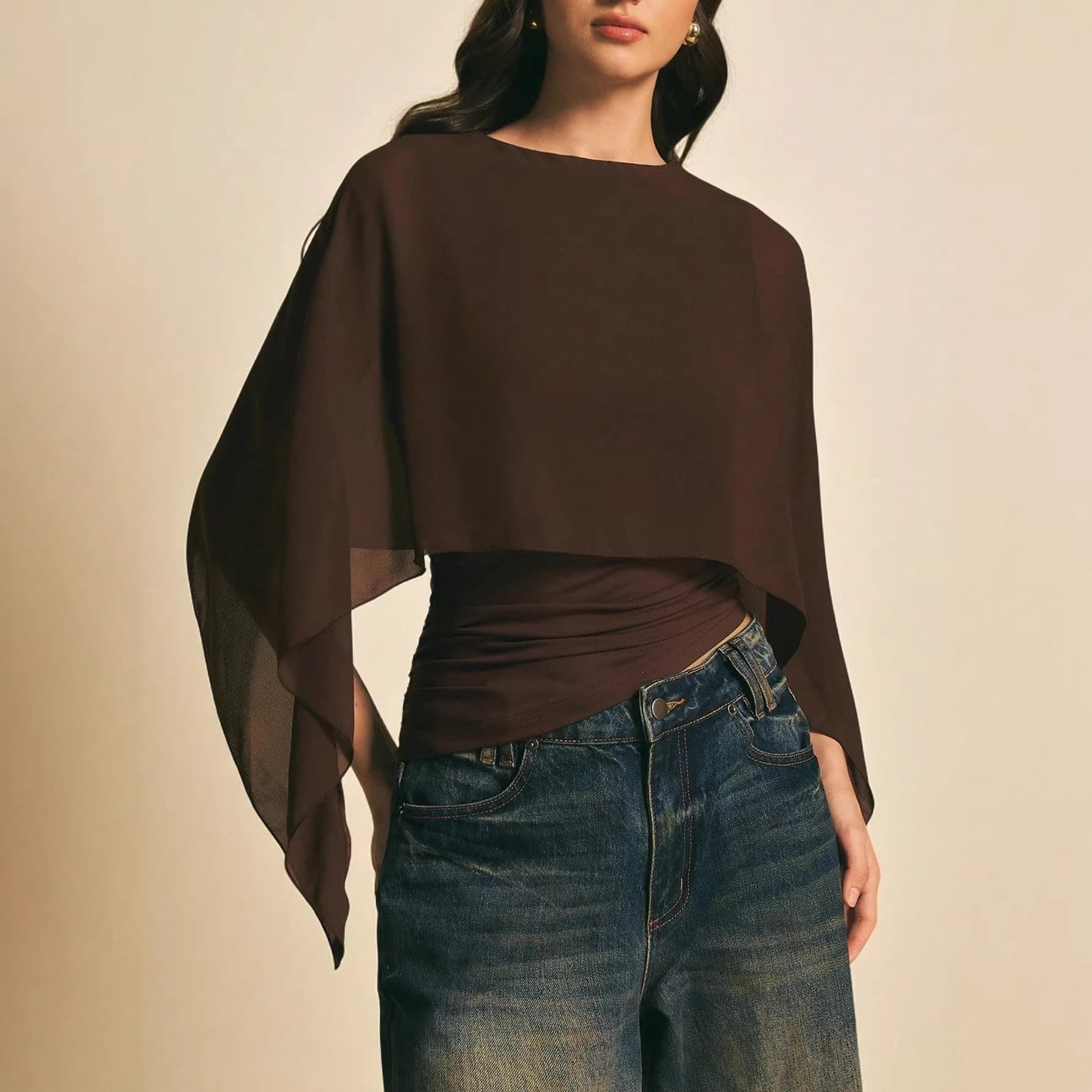 2026 Summer New Cross-Border Women's Cape Sleeve T-Shirt, Round Neck Loose Chiffon Cover-Up, Elegant Asymmetric Top