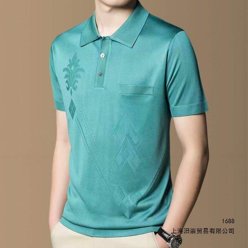 Broken code men's short-sleeved T-shirt summer middle-aged and elderly loose large size lapel jacquard bright silk pocket POLO shirt