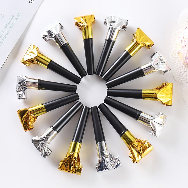 Factory wholesale 6.5cm gold and silver laser children's blowouts toys, birthday party decorations, cheering props