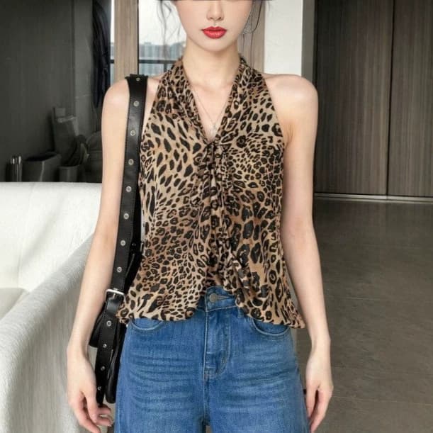 Norman Retro Leopard Print Halter Top Women Summer New Slim Fit Off-Shoulder Sleeveless Chic Blouse