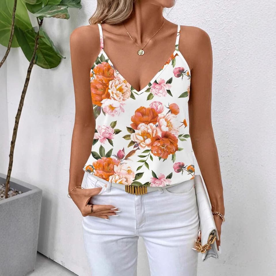 European and American 2025 new Amazon foreign trade flower print bottoming sexy outer wear off-shoulder vest suspender T-shirt