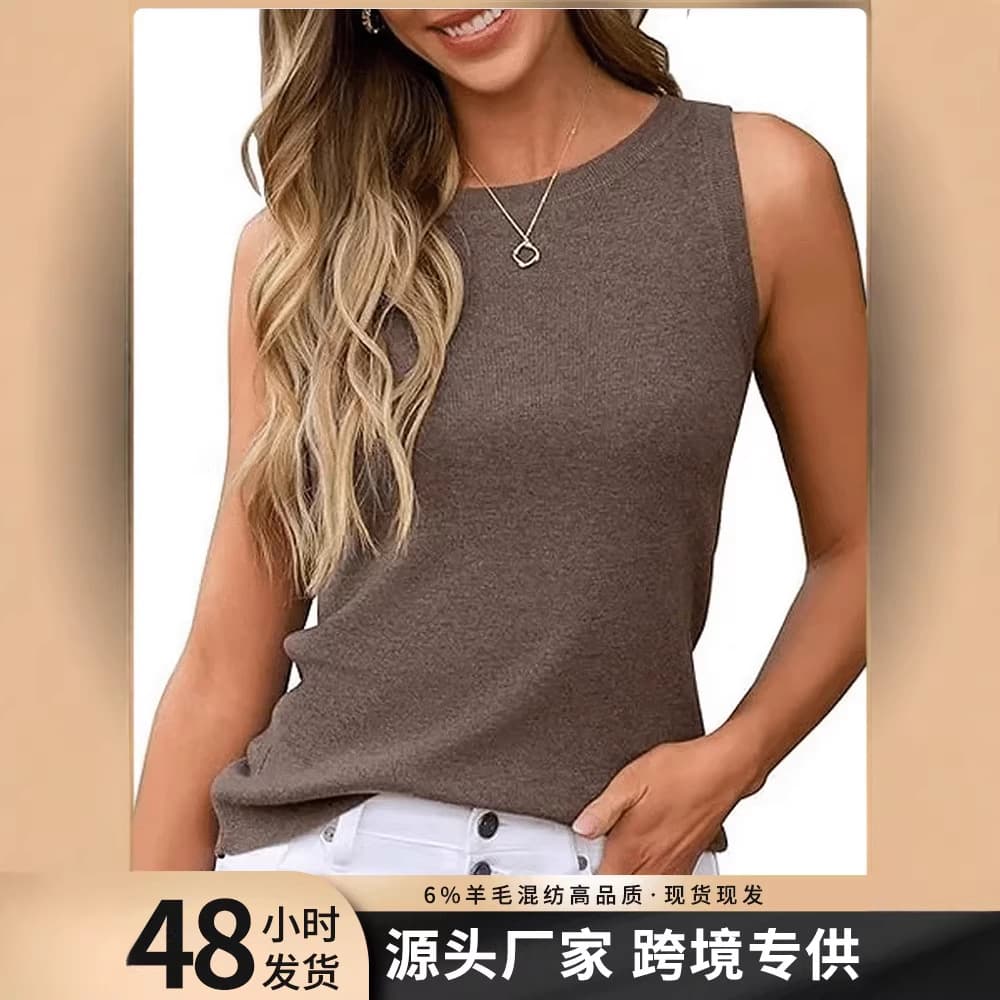 Spring/Summer New Women's Round Neck Solid Wool Blend Casual Vest Sweater for Amazon Temu Cross-Border