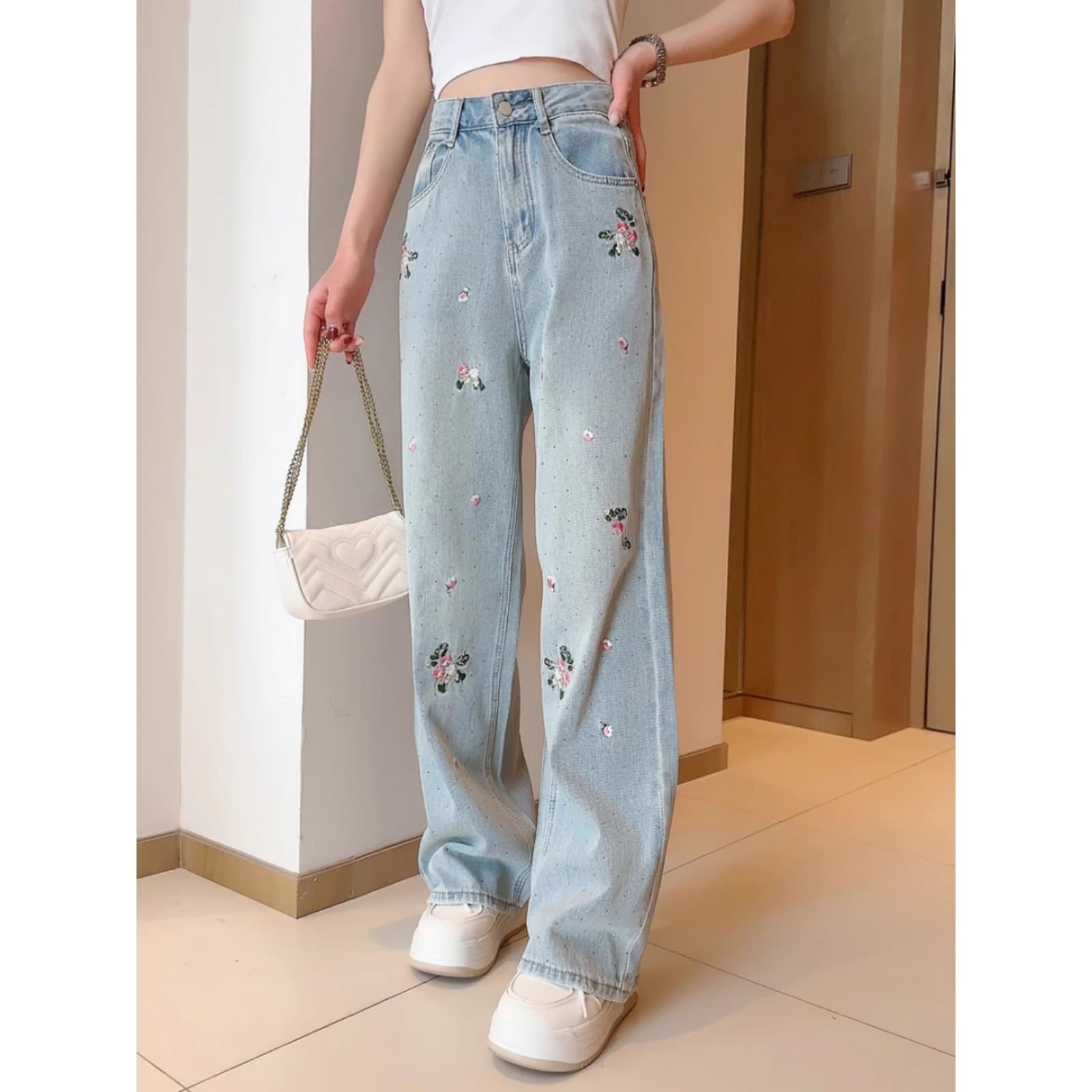New Heavy-Duty Floral Embroidered Casual Straight-Leg Jeans, High-Waist Slimming Floor-Length Pants for Petite Figures, Denim A2953