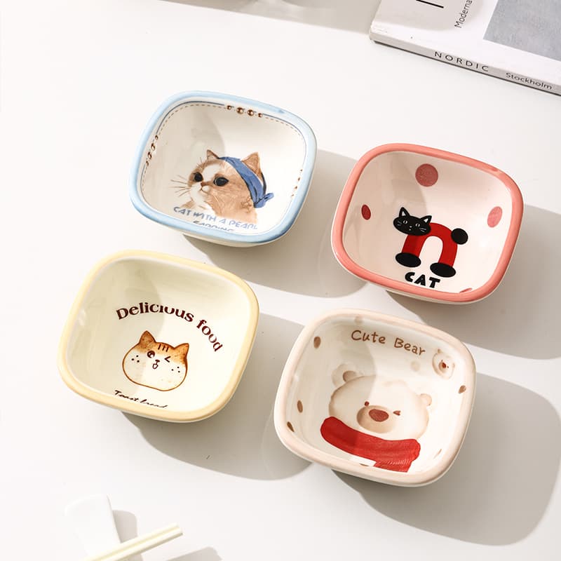 New Tableware Underglaze Ceramic Dipping Sauce Dish Seasoning Dish 4-Inch Square Plate Creative Cartoon Cute