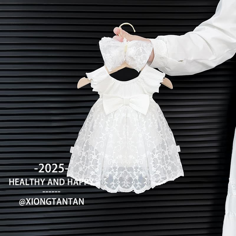 Princess Style Baby Girl One Year Old Birthday Dress Full Moon Celebration Outfit Cotton Romper with Fly Sleeve Mesh Skirt