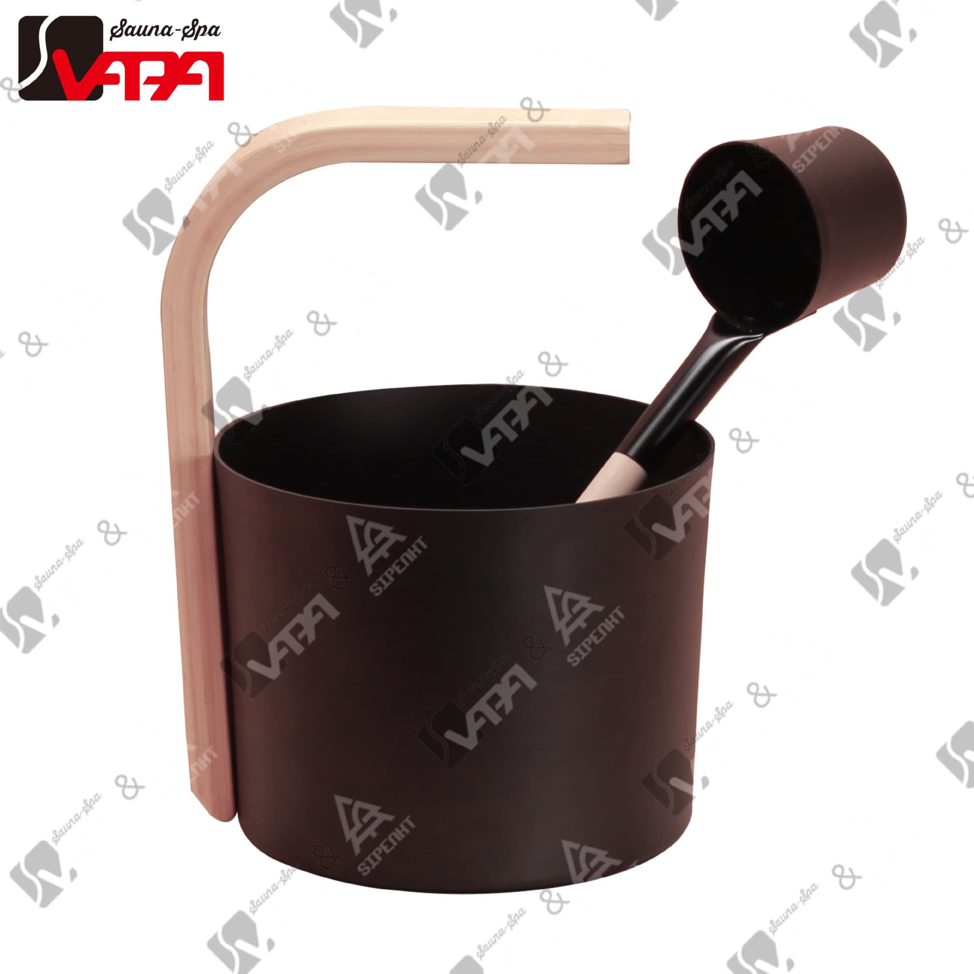 Factory Shipping Export Model 5L Birch Curved Handle Sprayed Sauna Aluminum Bucket and Ladle for Steam and Sauna Rooms