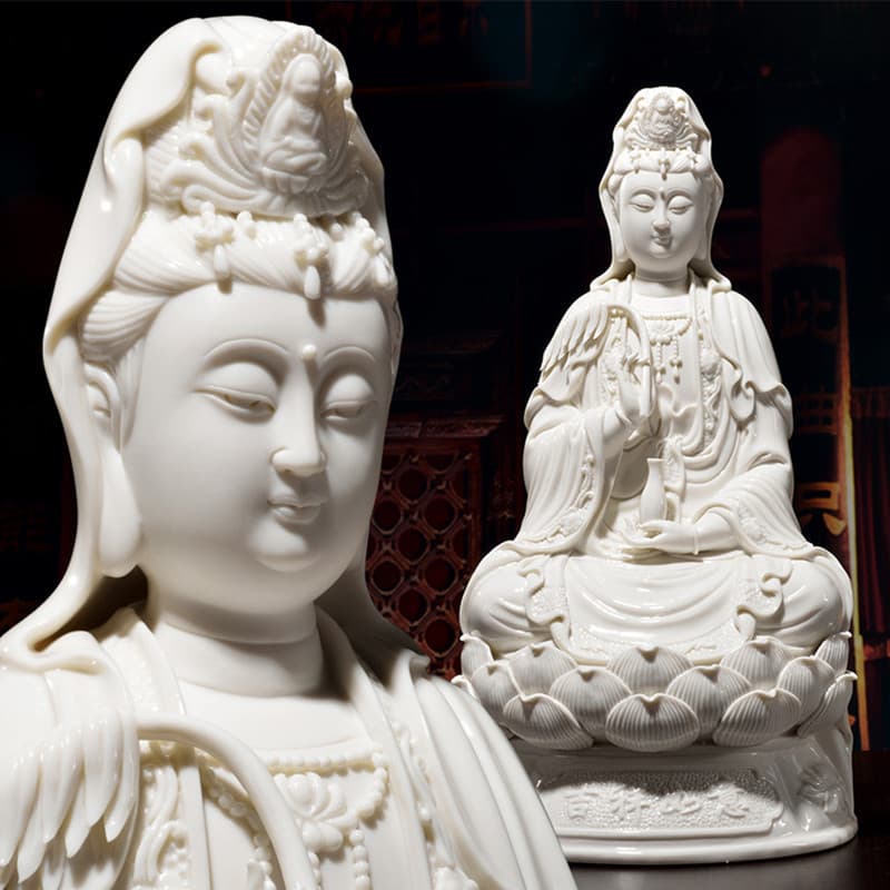 Ceramic sitting lotus Guanyin home worship Guanyin Buddha statue ornaments Dehua white porcelain South China Sea Guanyin Bodhisattva statue