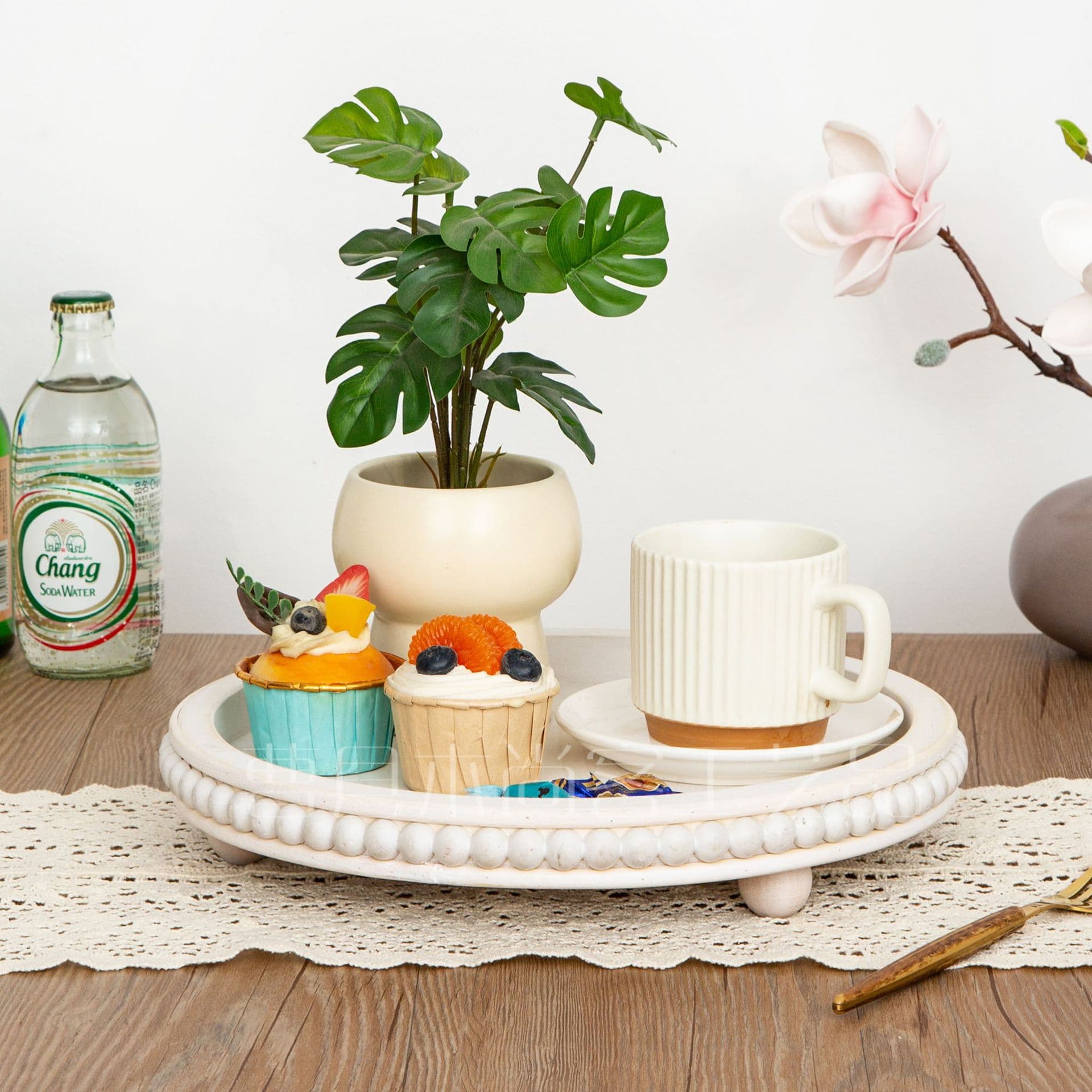In Stock Wood Bead Tray French Country Household Tea Tray Cafe Serving Plate Paulownia Distressed Round Beaded Storage Tray