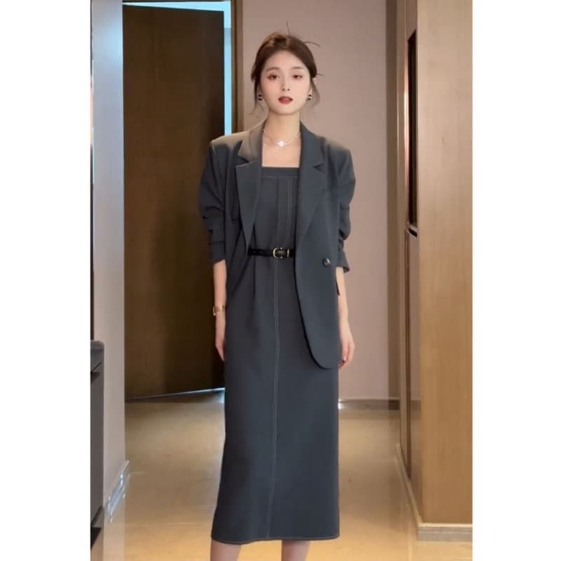 2612 Plus Size Women's Versatile Suit Set, High-End Waist-Nipping Age-Reducing Camisole Dress Two-Piece Set