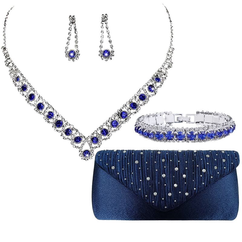 European and American Bride Jewelry Four-Piece Set Blue Zircon Necklace Earrings Bracelet Satin Hot Drilling Clutch Evening Bag
