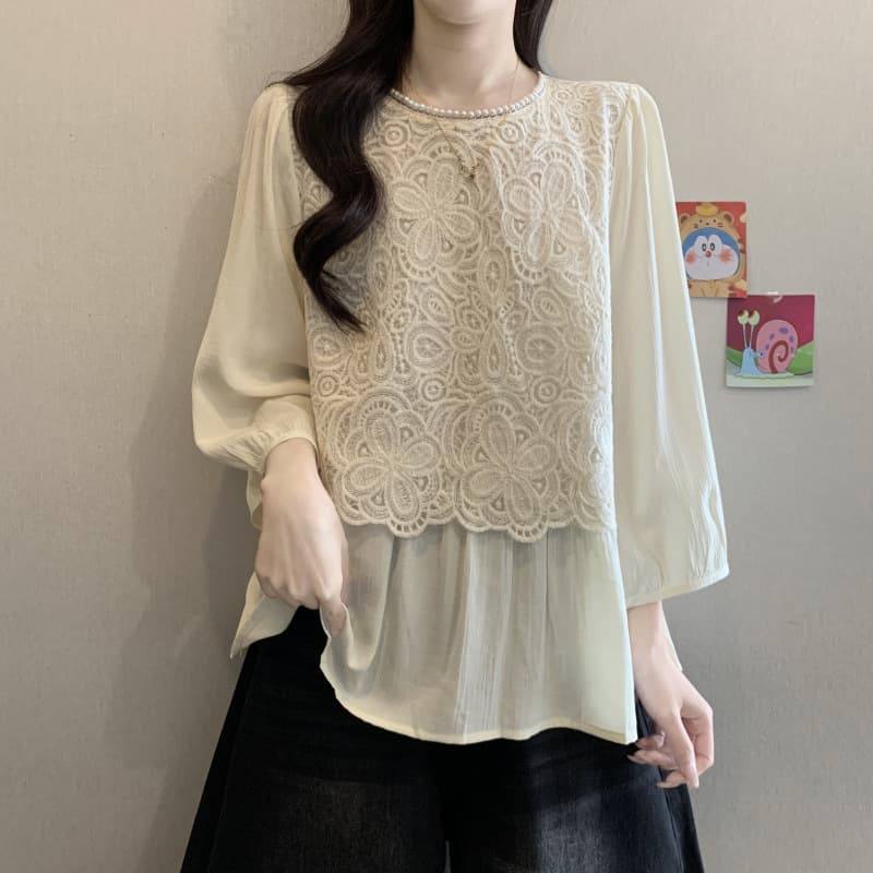 Plus Size 2026 New Fashion Faux Layering Shirt with Embroidery, Beaded 3/4 Sleeve Lace Top, Lightweight