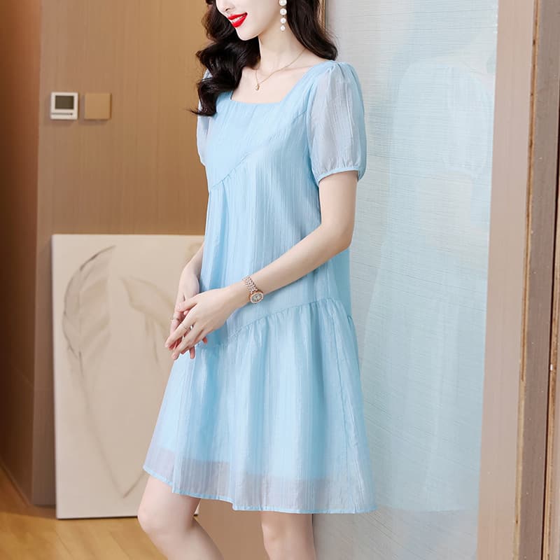 Plus Size Women French Square Neck Tencel Dress Summer New Short Sleeve for Plus Size Textured Jacquard A-Line Dress