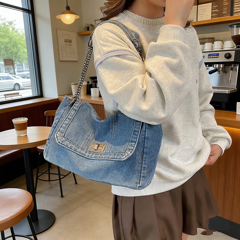 Hot-selling bags, casual commuting large-capacity denim women's armpit bag, versatile chain shoulder crossbody bag tote bag