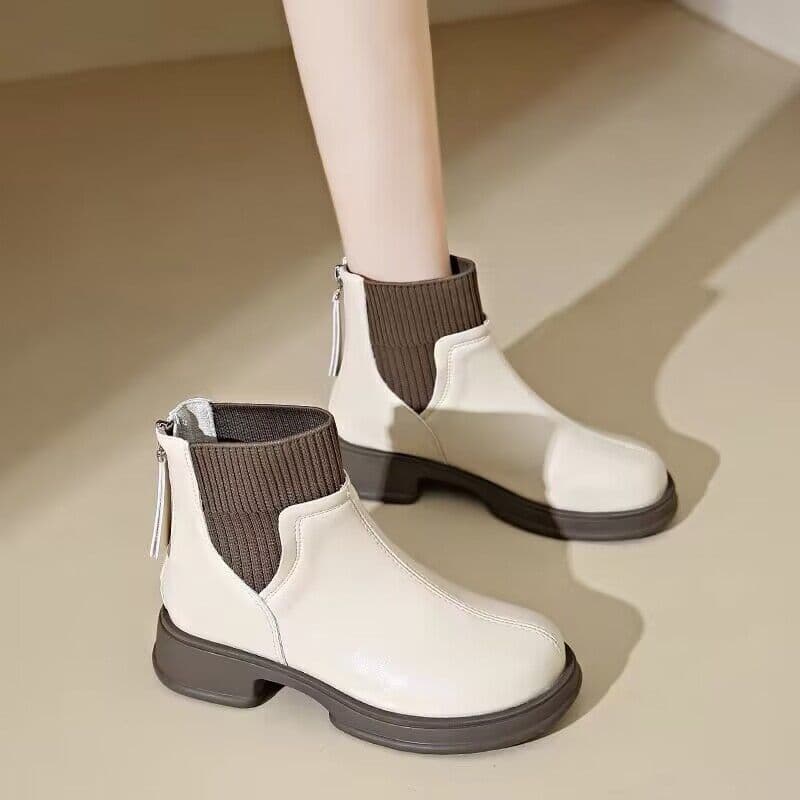 Brand Discontinued Sock Boots Women 2025 Autumn Winter New British Style Nude Boots Back Zipper Short Boots Genuine Soft Leather Martin Boots