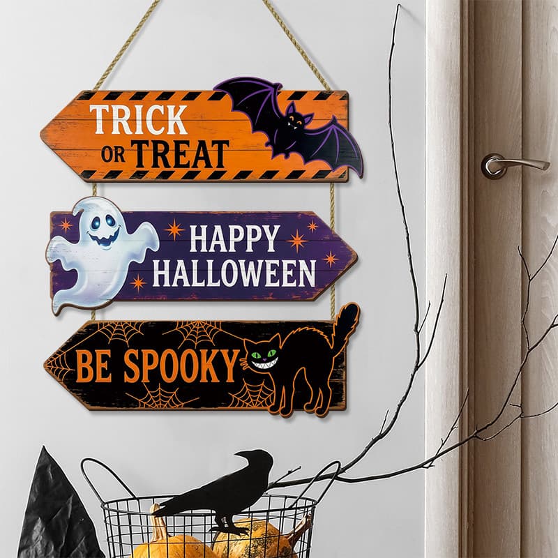 Happy Halloween Wooden Sign Decorative House Sign Black Cat Bat Ghost Wall Hanging Door Sign Halloween Door Pendant