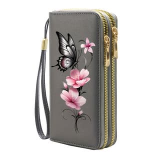 Butterfly Love Women's Long Wallet, PU Leather Double Zipper Card Holder, Fashion Butterfly Print Phone Wallet Coin Purse