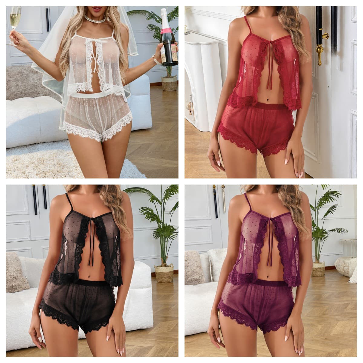 European and American cross-border fast-selling polka dot see-through mesh lace suspenders two-piece set of pajamas sexy home clothes for women wholesale