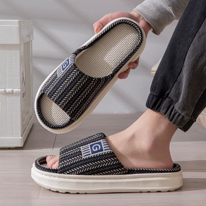 Men's Linen Slippers Indoor Anti-Slip Home Wearable Spring Autumn Open-Toe Comfortable Breathable Floor Slides EVA Bottom