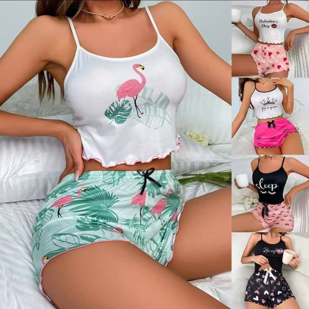 New Summer European and American Style Camisole Shorts Set Sexy Heart Print Women's Loungewear Pajamas Factory Direct
